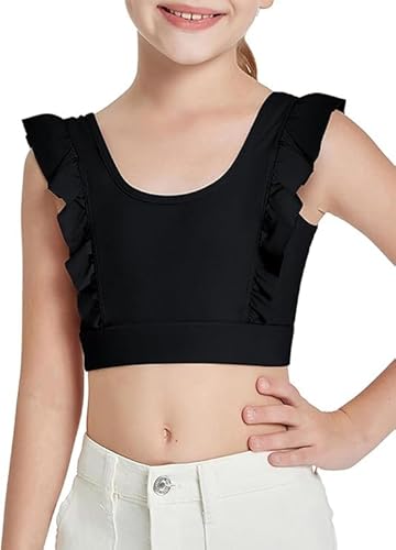 Haloumoning Mädchen Crop Top Sport BHS Rüschen Unterwäsche Fliegende Ärmelloses Ruffle Bauchfrei Yoga Ballett Tshirt für Kinder Tank Tops Schwarz 150 von Haloumoning