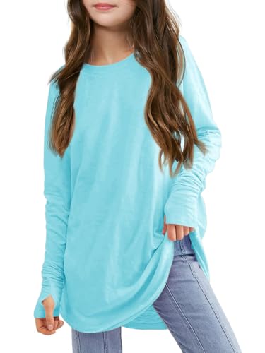 Haloumoning Mädchen Daumenlöcher Langarm T-Shirts Kinder Rundhalsausschnitt Saum Lose Tunika Tops Niedlich Langarmshirt Blau 140 von Haloumoning