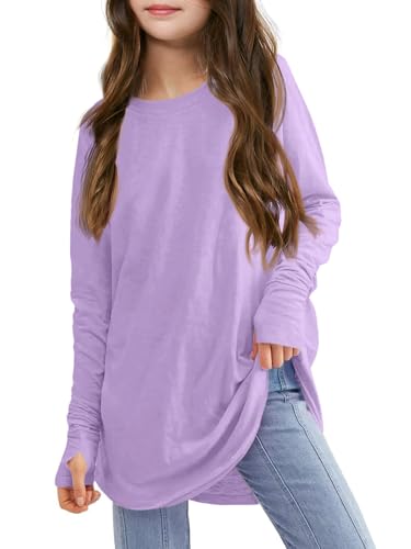 Haloumoning Mädchen Daumenlöcher Langarm T-Shirts Kinder Rundhalsausschnitt Saum Lose Tunika Tops Niedlich Langarmshirt Lila 140 von Haloumoning