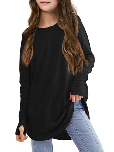 Haloumoning Mädchen Daumenlöcher Langarm T-Shirts Kinder Rundhalsausschnitt Saum Lose Tunika Tops Niedlich Langarmshirt Schwarz 140 von Haloumoning