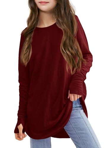 Haloumoning Mädchen Daumenlöcher Langarm T-Shirts Kinder Rundhalsausschnitt Saum Lose Tunika Tops Niedlich Langarmshirt Weinrot 140 Haloumoning Mädchen Daumenlöcher Langarm T-Shirts Kinder Rundhalsausschnitt Saum Lose Tunika Tops Niedlich Langarmshirt Weinrot 140 von Haloumoning