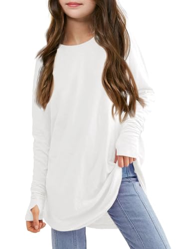 Haloumoning Mädchen Daumenlöcher Langarm T-Shirts Kinder Rundhalsausschnitt Saum Lose Tunika Tops Niedlich Langarmshirt Weiß 140 von Haloumoning