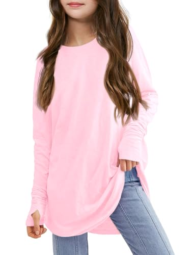 Haloumoning Mädchen Daumenlöcher Langarm T-Shirts Kinder Rundhalsausschnitt Saum Lose Tunika Tops Niedlich LangarmshirtRosa 150 von Haloumoning