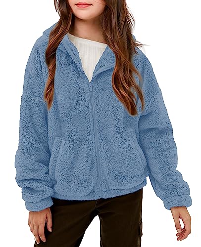 Haloumoning Mädchen Fleece Jacken Kinder Weich Fuzzy Kapuzenpullover Winter Coat Jacke, Blau, 9-10 Jahre von Haloumoning