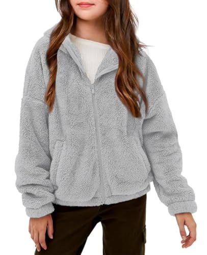 Haloumoning Mädchen Fleece Jacken Kinder Weich Fuzzy Kapuzenpullover Winter Coat Jacke, Grau, 5-6 Jahre von Haloumoning