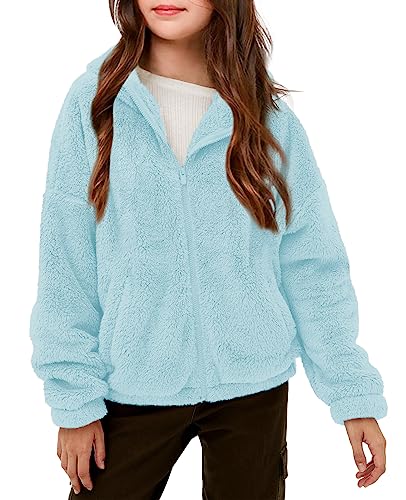 Haloumoning Mädchen Fleece Jacken Kinder Weich Fuzzy Kapuzenpullover Winter Coat Jacke, Himmelblau, 9-10 Jahre von Haloumoning