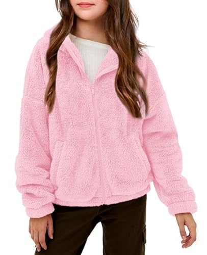 Haloumoning Mädchen Fleece Jacken Kinder Weich Fuzzy Kapuzenpullover Winter Coat Jacke, Rosa, 5-6 Jahre von Haloumoning