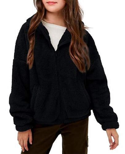 Haloumoning Mädchen Fleece Jacken Kinder Weich Fuzzy Kapuzenpullover Winter Coat Jacke, Schwarz, 11-12 Jahre von Haloumoning