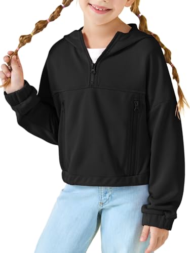 Haloumoning Mädchen Hälfte Zip Up Hoodies Kinder Mode lose Hooded Sweatshirts mit Taschen Schwarz 4-6 Jahre von Haloumoning