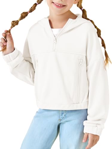 Haloumoning Mädchen Hälfte Zip Up Hoodies Kinder Mode lose Hooded Sweatshirts mit Taschen Weiß 6-8 Jahre von Haloumoning