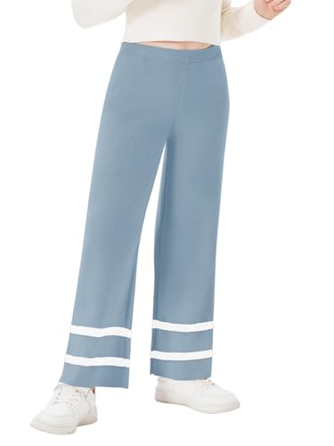 Haloumoning Mädchen Hose Freizeit Locker Strickhose Rippstrick Hose Einfarbig Oversized Breite Beine Freizeithose Grau, 8-10 Jahre von Haloumoning
