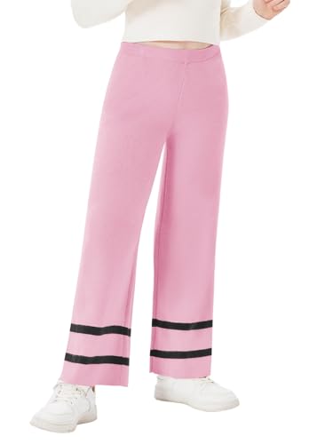 Haloumoning Mädchen Hose Freizeit Locker Strickhose Rippstrick Hose Einfarbig Oversized Breite Beine Freizeithose Rosa, 6-8 Jahre von Haloumoning