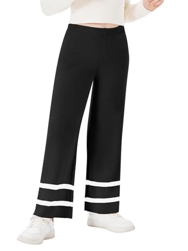 Haloumoning Mädchen Hose Freizeit Locker Strickhose Rippstrick Hose Einfarbig Oversized Breite Beine Freizeithose Schwarz, 6-8 Jahre von Haloumoning
