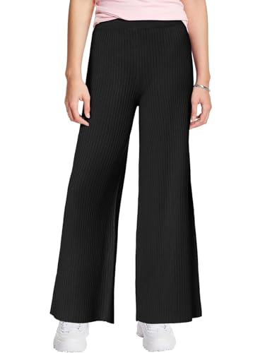 Haloumoning Mädchen Hose Freizeit Loose Fit Gestrickt Hose Einfarbig Oversized Breite Beine Freizeithose Schwarz, 4-6 Jahre von Haloumoning