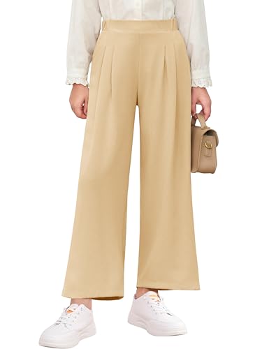 Haloumoning Mädchen Hosen Baggy Weites Bein Freizeithose Kinder Einfarbig Hohe Taille Sporthose Lässiger Tanz Jogginghose mit Elastische Taille und Taschen, Helles Khaki, 5-6 Jahre von Haloumoning
