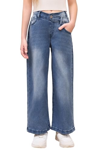 Haloumoning Mädchen Jeanshose Hohe Taille Flare Denim Hose Elastischer Bund Weite Beine Jeans Pants Blau 150 von Haloumoning