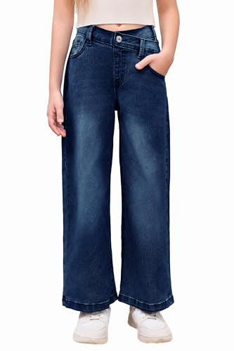 Haloumoning Mädchen Jeanshose Hohe Taille Flare Denim Hose Elastischer Bund Weite Beine Jeans Pants Dunkelblau 140 von Haloumoning