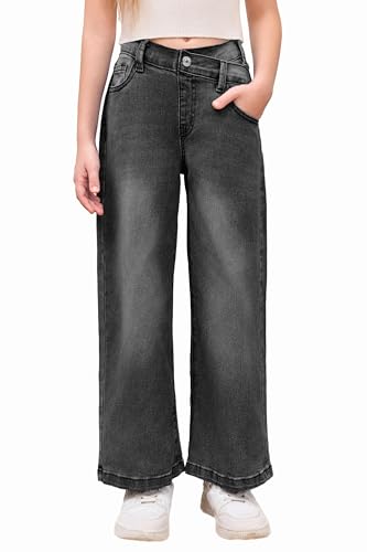 Haloumoning Mädchen Jeanshose Hohe Taille Flare Denim Hose Elastischer Bund Weite Beine Jeans Pants Grau 160 von Haloumoning