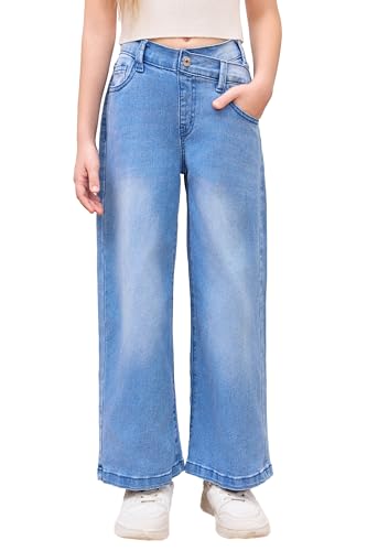 Haloumoning Mädchen Jeanshose Hohe Taille Flare Denim Hose Elastischer Bund Weite Beine Jeans Pants Hellblau 150 von Haloumoning