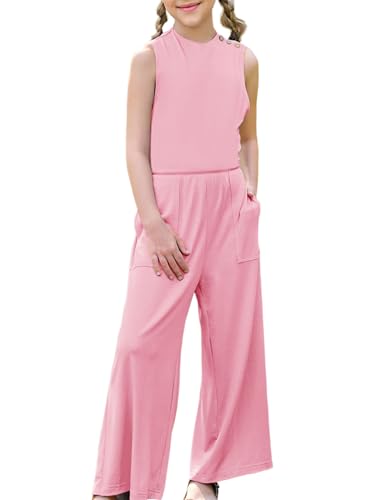 Haloumoning Mädchen Jumpsuits Weites Bein Hosen Loose Fit Ausgeschnittener Rücken Overall Casual Strampler Rosa 120 von Haloumoning
