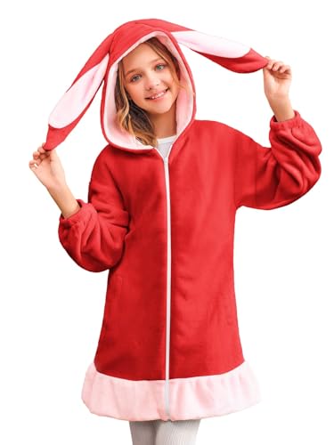 Haloumoning Mädchen Kapuzenjacke Niedlich Fleece Sweatjacke mit Reißverschluss und 2 Taschen Rot 4-6 Jahre von Haloumoning