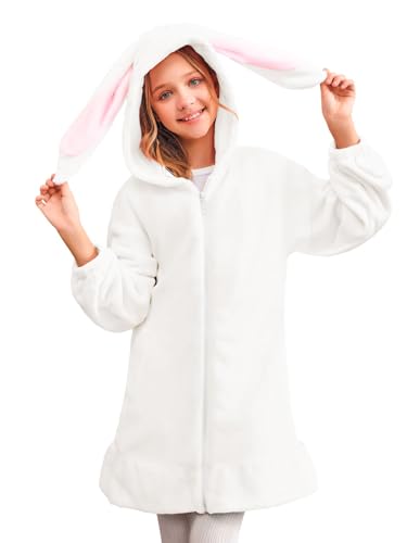 Haloumoning Mädchen Kapuzenjacke Niedlich Fleece Sweatjacke mit Reißverschluss und 2 Taschen Weiß 10-12 Jahre von Haloumoning