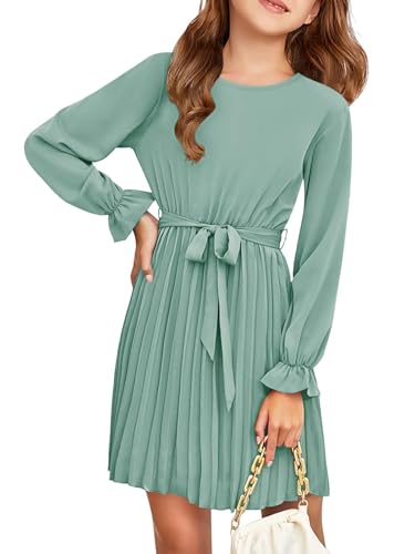 Haloumoning Mädchen Kleid Elegant Langarm Kleider Kids A-Linie Faltenrock Rundhals Fließender Midi Kleid, Grün, 13-14 Jahre von Haloumoning