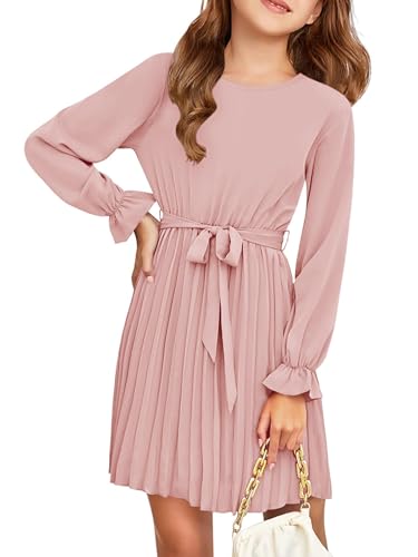 Haloumoning Mädchen Kleid Elegant Langarm Kleider Kids A-Linie Faltenrock Rundhals Fließender Midi Kleid, Rosa, 7-8 Jahre von Haloumoning