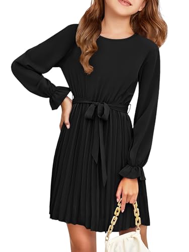 Haloumoning Mädchen Kleid Elegant Langarm Kleider Kids A-Linie Faltenrock Rundhals Fließender Midi Kleid, Schwarz, 5-6 Jahre von Haloumoning