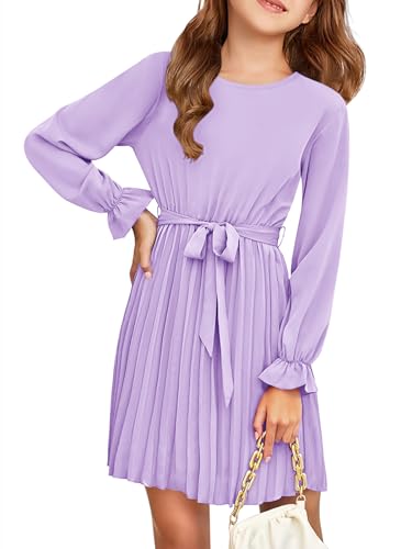Haloumoning Mädchen Kleid Elegant Langarm Kleider Kids A-Linie Faltenrock Rundhals Fließender Midi Kleid, Violett, 13-14 Jahre von Haloumoning