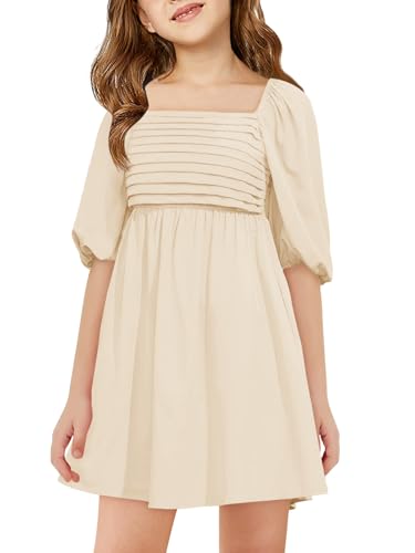 Haloumoning Mädchen Kleid Kurzarm Sommerkleider Quadratischer Ausschnitt Freizeitkleid Kinder Puffy Ärmel Elegant Blumenkleid A-Linie Chiffon Kleider, Aprikose, 5-6 Jahre von Haloumoning