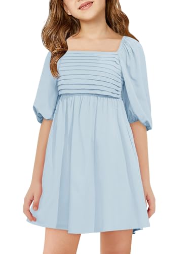 Haloumoning Mädchen Kleid Kurzarm Sommerkleider Quadratischer Ausschnitt Freizeitkleid Kinder Puffy Ärmel Elegant Blumenkleid A-Linie Chiffon Kleider, Azurblau, 11-12 Jahre von Haloumoning