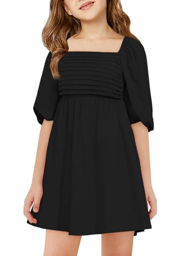 Haloumoning Mädchen Kleid Kurzarm Sommerkleider Quadratischer Ausschnitt Freizeitkleid Kinder Puffy Ärmel Elegant Blumenkleid A-Linie Chiffon Kleider, Schwarz, 5-6 Jahre von Haloumoning