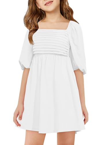 Haloumoning Mädchen Kleid Kurzarm Sommerkleider Quadratischer Ausschnitt Freizeitkleid Kinder Puffy Ärmel Elegant Blumenkleid A-Linie Chiffon Kleider, Weiß, 7-8 Jahre von Haloumoning