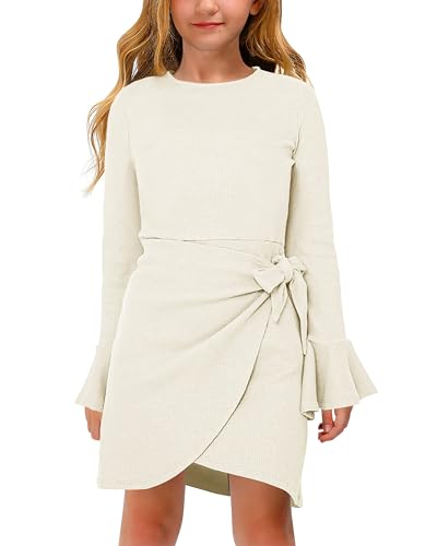 Haloumoning Mädchen Kleid Langarm Elegant Rüschen Strickkleid Rundhals Kinder Einfarbige Midikleid,Beige,5-6 Jahre von Haloumoning