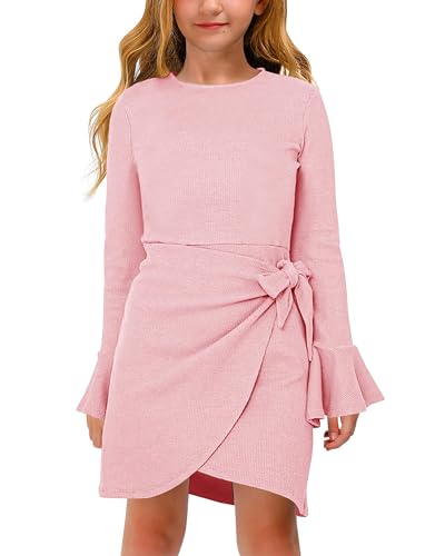 Haloumoning Mädchen Kleid Langarm Elegant Rüschen Strickkleid Rundhals Kinder Einfarbige Midikleid,Rosa,9-10 Jahre von Haloumoning