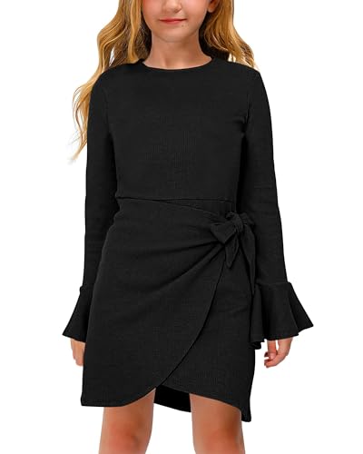 Haloumoning Mädchen Kleid Langarm Elegant Rüschen Strickkleid Rundhals Kinder Einfarbige Midikleid,Schwarz,7-8 Jahre von Haloumoning