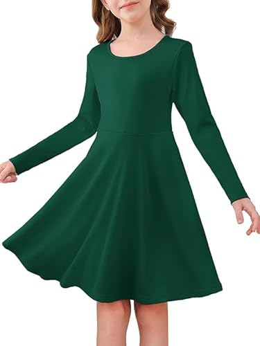 Haloumoning Mädchen Kleid Langarm Rundhals Freizeitkleid A-Linie Elegant Partykleider Einfarbig Casual Midikleid Festlich Hochzeit Kinder Kleider 5-14 Jahre, Grün, 9-10 Jahre von Haloumoning