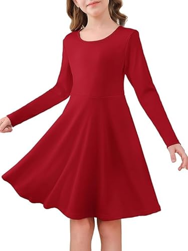 Haloumoning Mädchen Kleid Langarm Rundhals Freizeitkleid A-Linie Elegant Partykleider Einfarbig Casual Midikleid Festlich Hochzeit Kinder Kleider 5-14 Jahre, Rot, 13-14 Jahre von Haloumoning
