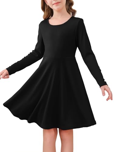 Haloumoning Mädchen Kleid Langarm Rundhals Freizeitkleid A-Linie Elegant Partykleider Einfarbig Casual Midikleid Festlich Hochzeit Kinder Kleider 5-14 Jahre, Schwarz, 11-12 Jahre von Haloumoning