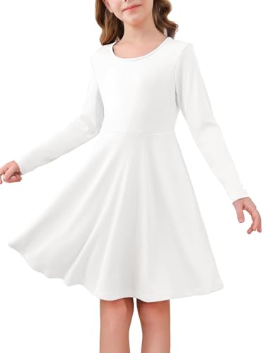 Haloumoning Mädchen Kleid Langarm Rundhals Freizeitkleid A-Linie Elegant Partykleider Einfarbig Casual Midikleid Festlich Hochzeit Kinder Kleider 5-14 Jahre, Weiß, 11-12 Jahre von Haloumoning