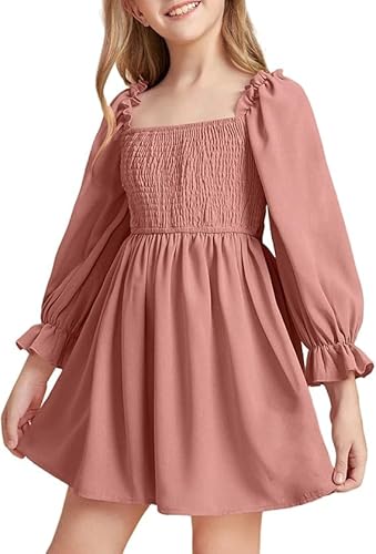 Haloumoning Mädchen Kleid Rüschen Langarmkleid A-Linie Freizeitkleid Chiffon Prinzessin Partykleid Festlich Herbst Winter Kleid für Hochzeit Geburtstag Ball Rosa 120 von Haloumoning