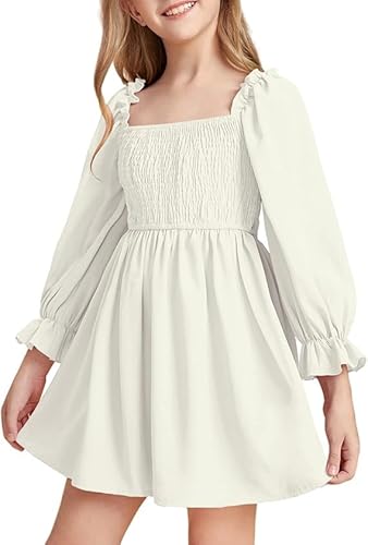 Haloumoning Mädchen Kleid Rüschen Langarmkleid A-Linie Freizeitkleid Chiffon Prinzessin Partykleid Festlich Herbst Winter Kleid für Hochzeit Geburtstag Ball Weiß 120 von Haloumoning