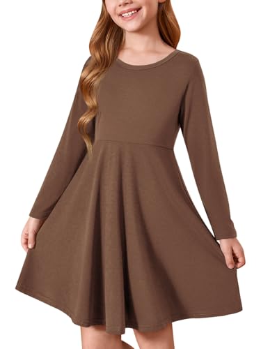 Haloumoning Mädchen Kleid Rundhals Langarm Kleider Kinder Einfarbig A-Linie Freizeitkleid Herbst Winter Basic Midikleid 5-14 Jahre, Braun, 9-10 Jahre von Haloumoning