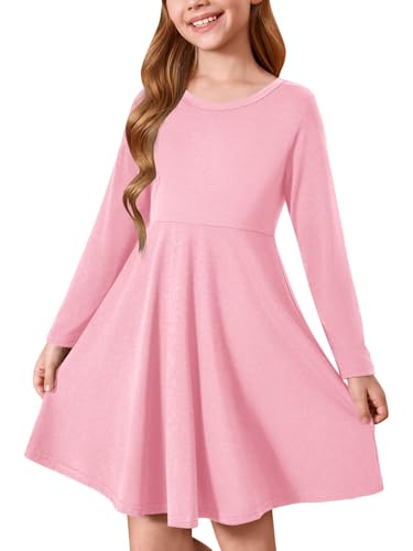 Haloumoning Mädchen Kleid Rundhals Langarm Kleider Kinder Einfarbig A-Linie Freizeitkleid Herbst Winter Basic Midikleid 5-14 Jahre, Rosa, 5-6 Jahre von Haloumoning