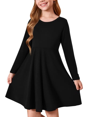 Haloumoning Mädchen Kleid Rundhals Langarm Kleider Kinder Einfarbig A-Linie Freizeitkleid Herbst Winter Basic Midikleid 5-14 Jahre, Schwarz, 5-6 Jahre von Haloumoning