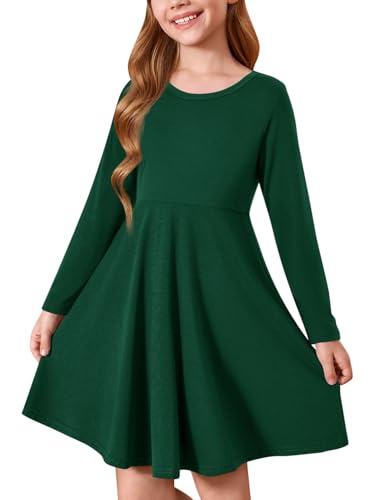 Haloumoning Mädchen Kleid Rundhals Langarm Kleider Kinder Einfarbig A-Linie Freizeitkleid Herbst Winter Basic Midikleid 5-14 Jahre, Dunkelgrün, 9-10 Jahre von Haloumoning