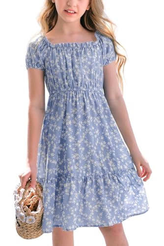 Haloumoning Mädchen Kleider Eckiger Ausschnitt Blumenkleid Kleider Sommer Puffärmel A-Linie Midikleid Kinder Partykleid,Blau,13-14 Jahre von Haloumoning