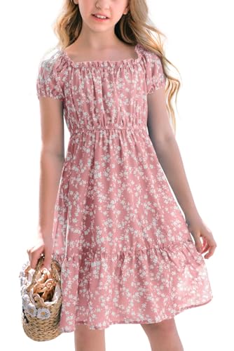 Haloumoning Mädchen Kleider Eckiger Ausschnitt Blumenkleid Kleider Sommer Puffärmel A-Linie Midikleid Kinder Partykleid,Rosa,9-10 Jahre von Haloumoning