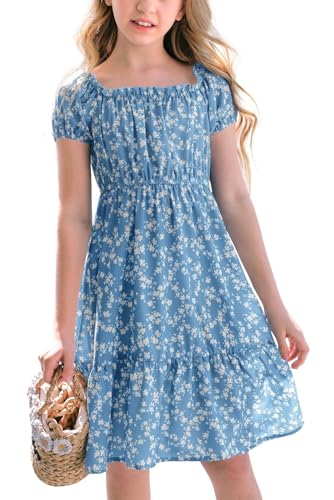 Haloumoning Mädchen Kleider Eckiger Ausschnitt Blumenkleid Kleider Sommer Puffärmel A-Linie Midikleid Kinder Partykleid,Seeblau,7-8 Jahre von Haloumoning